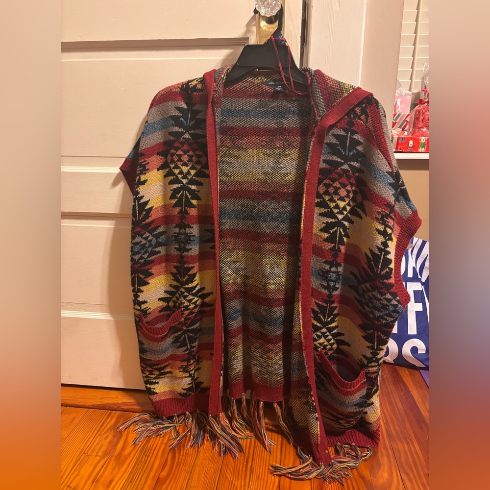 American Eagle Fringe Trim Hooded Cardigan Aztec Southwestern Women's XS/S